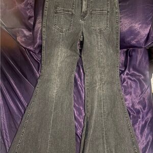 We The Free People Women's Flared Jeans Gray Denim Charcoal Wash Pocket Accents